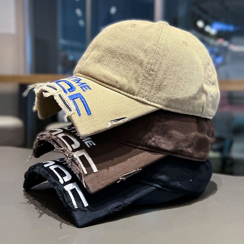 新款断檐刺绣破洞磨边棒球帽男女王安G宇同款水洗做旧磨破鸭舌帽