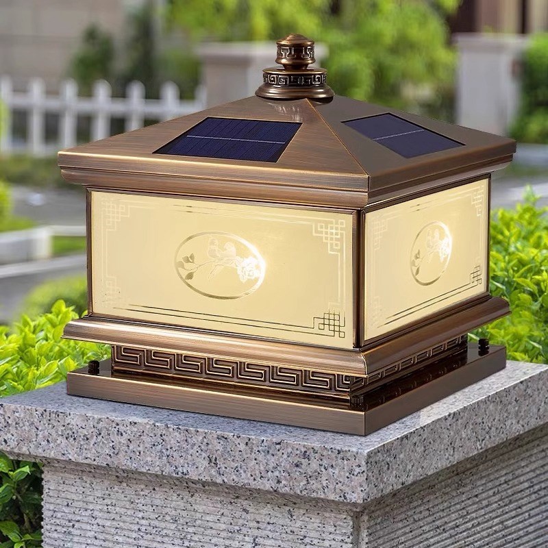 全铜太阳能柱头灯k庭院灯别墅花园户外防水围栏围墙灯门柱灯新中