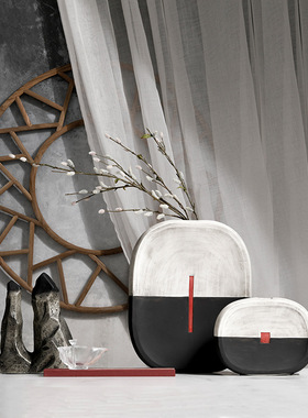 现代新中式灰黑陶瓷花瓶摆件样板房间办J公室客厅电视柜装饰花器