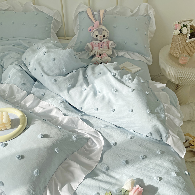 文静女孩ins公主风床裙款毛球球水洗棉四件套花边被套Z三件套床单