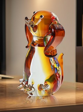 小狗摆件轻奢高档办公桌面客厅玄关玻璃创意高级感琉W璃家居装饰