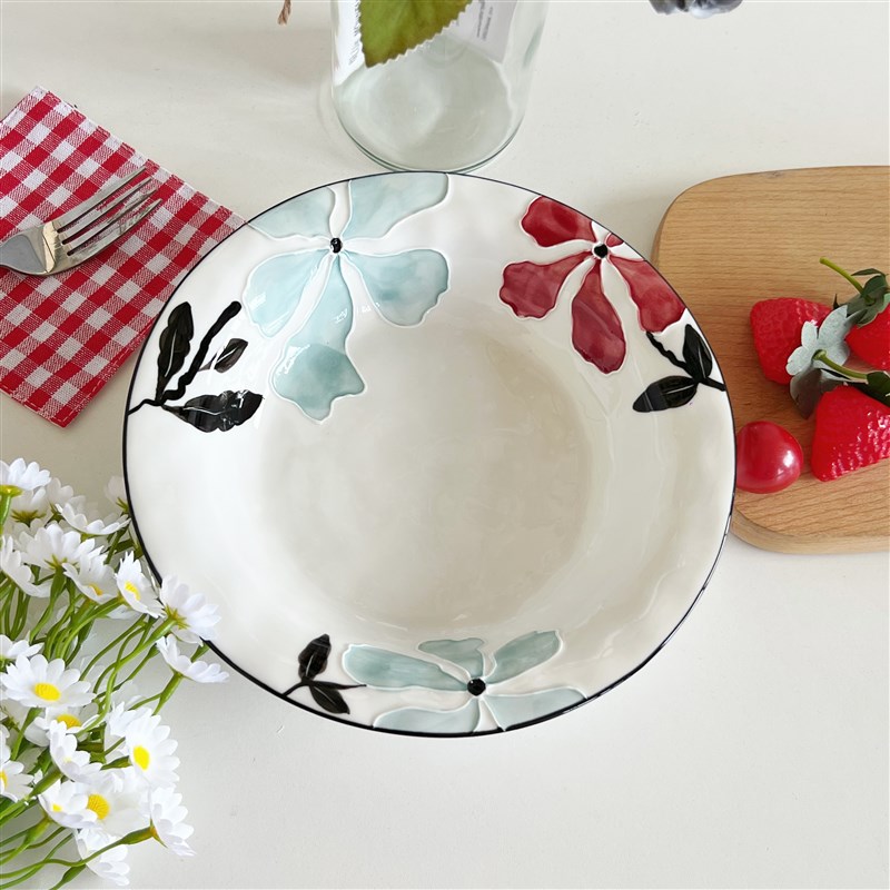 繁花逐梦系列高温釉下彩浮雕凸Y釉陶汤碗盘