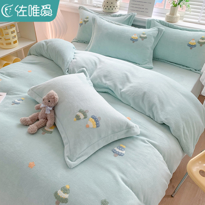 纯色牛奶绒床上四件套冬季双面加厚保暖床单被套T三件套加绒床笠