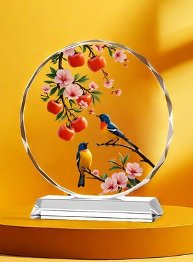 喜鹊柿子水晶装饰摆件客厅电视柜装饰喜J鹊开业乔迁送礼桌面工艺