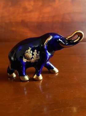 Limoges 利摩日 钴蓝描金稀有迷你瓷象 法国招财U象装饰迷你瓷摆