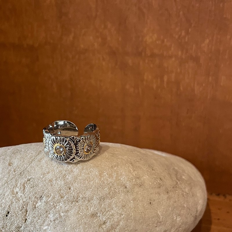 Always 高i级感时尚气质小雏菊镶嵌锆石开口戒指个性食指戒指环女