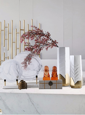 新中式会所样板间软o装搭配套餐客厅玄关饰品摆件花瓶狮子香薰炉