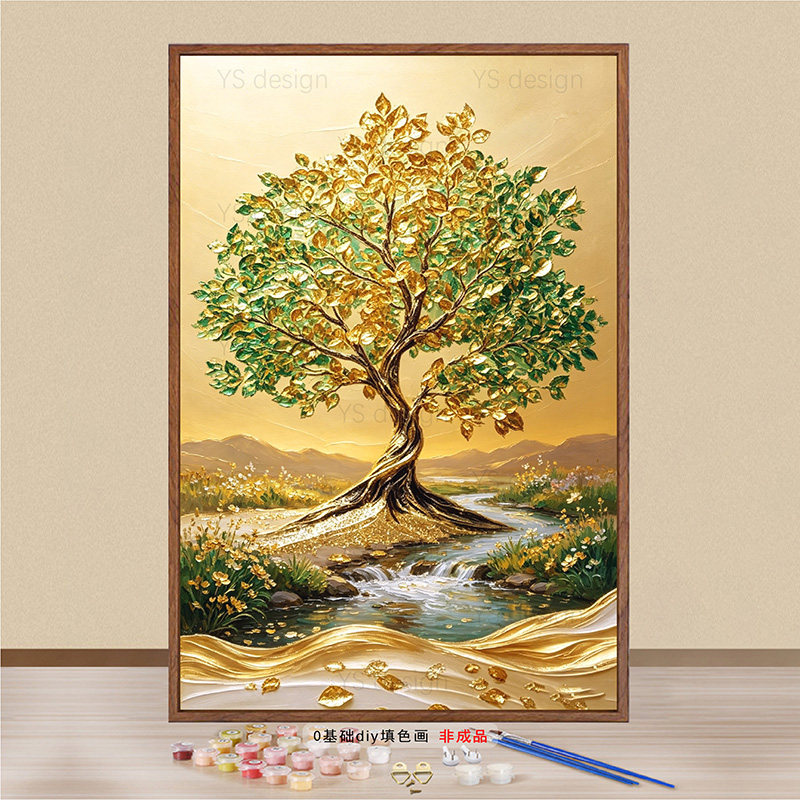 发财树数字油画diy填充丙烯涂色画招财客厅玄关装饰挂画手工礼物