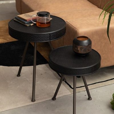 法式复古轻奢家具网红茶几黑色圆形艺术圆桌藤编铁艺沙发边几边桌