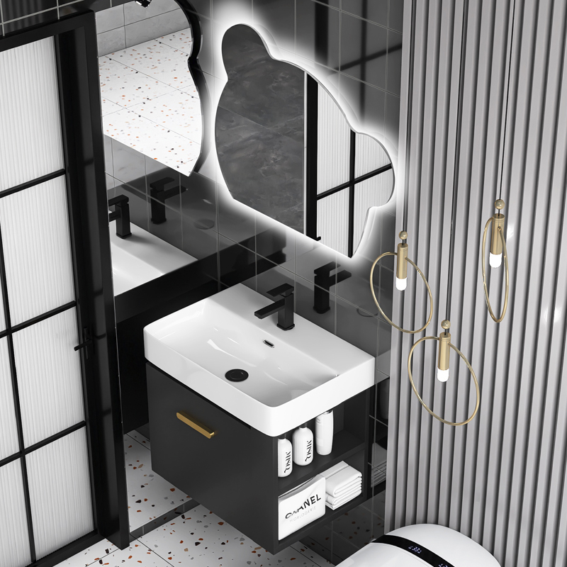 卫生间侧边收纳实木浴室柜陶瓷盆一体洗手盆O柜组合小户型洗漱台