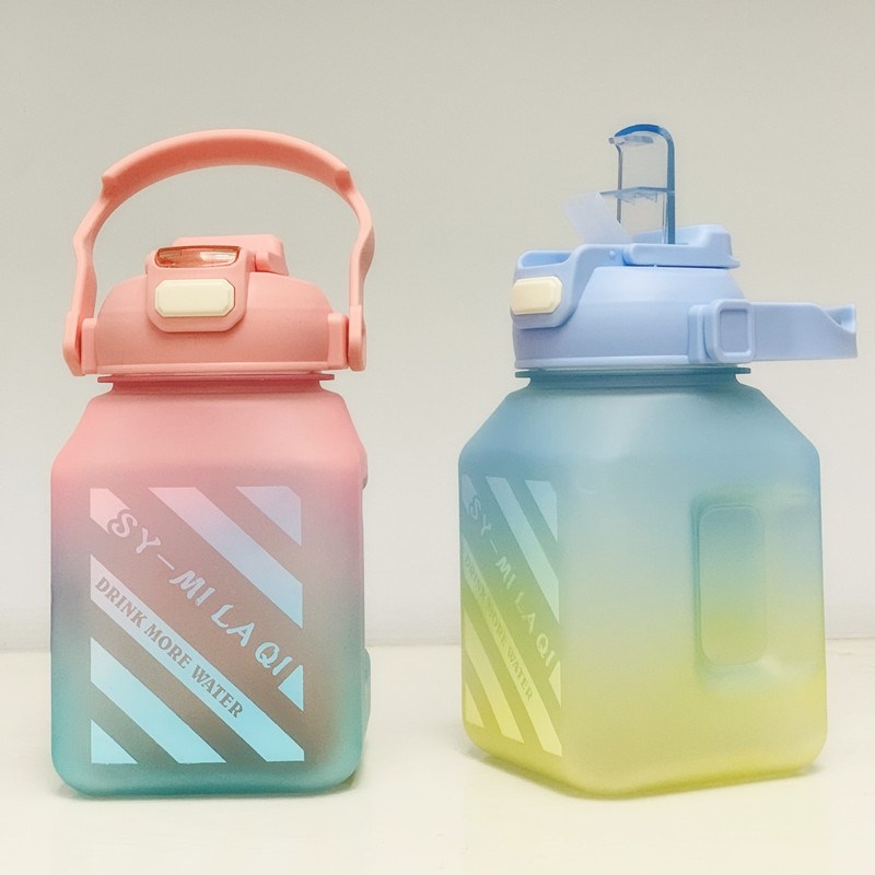 大方块可a爱大肚磨砂渐变色水杯 大容量手提双饮吸管运动水壶
