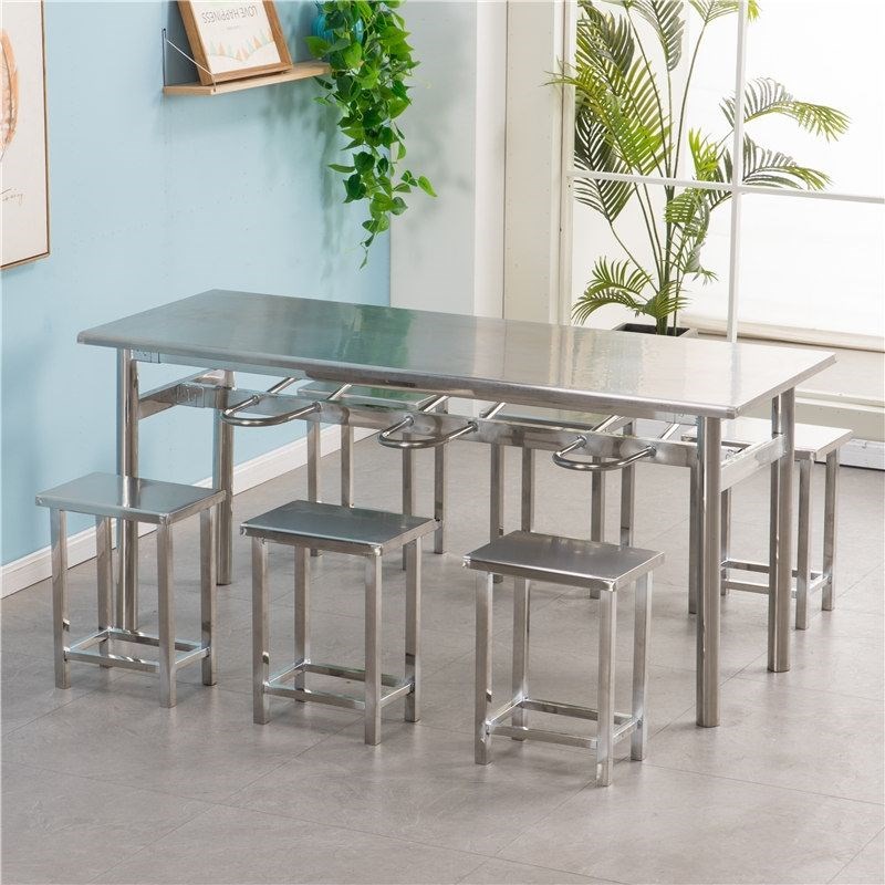 员工食堂不锈e钢餐桌椅4人6人长方形桌子学校工厂快餐桌椅挂凳组