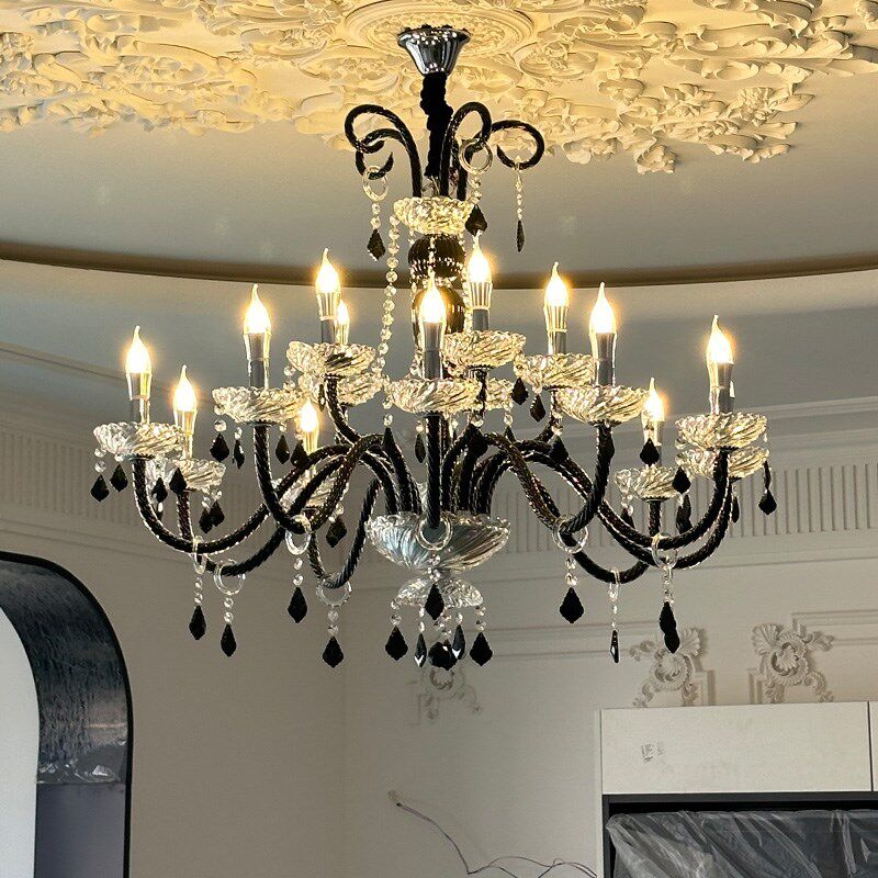 法式蜡烛吊灯客厅主灯楼梯水晶餐厅灯2025N年新款黑色复古卧室灯