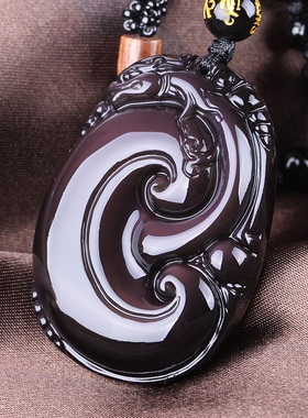 天然黑曜石如意龙貔n貅吊坠磨砂项坠如意男女情侣项链水晶饰品挂