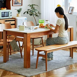 一刻木器实木岩板餐桌北欧小户型带抽屉餐厅饭桌樱桃木奶油风长桌