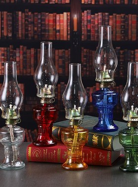 复古加厚玻璃农村老式煤油灯桌面摆件怀旧老物件露V营小夜灯装饰