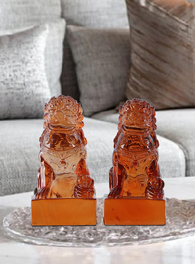 新中式售楼部酒店样板房玄关书y房摆场书挡书靠透明雕塑对狮子摆