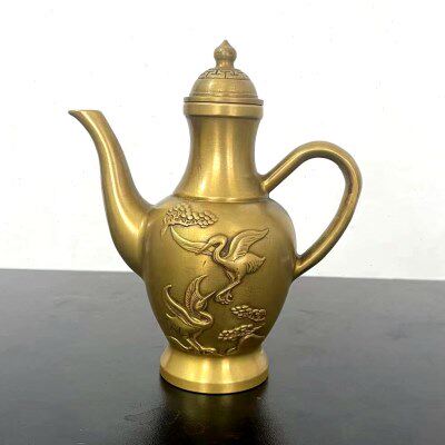 铜器仙鹤壶摆件黄铜做旧铜水壶铜酒壶居家装饰工艺品摆设不漏水