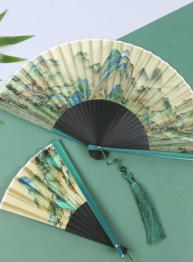231千里江山新中式国风烫金折扇7寸E女式扇子马面裙真丝竹扇舞蹈