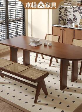 中古风木餐桌椅组复合岛小户型家用长方实形KQ231102饭桌胡桃木色
