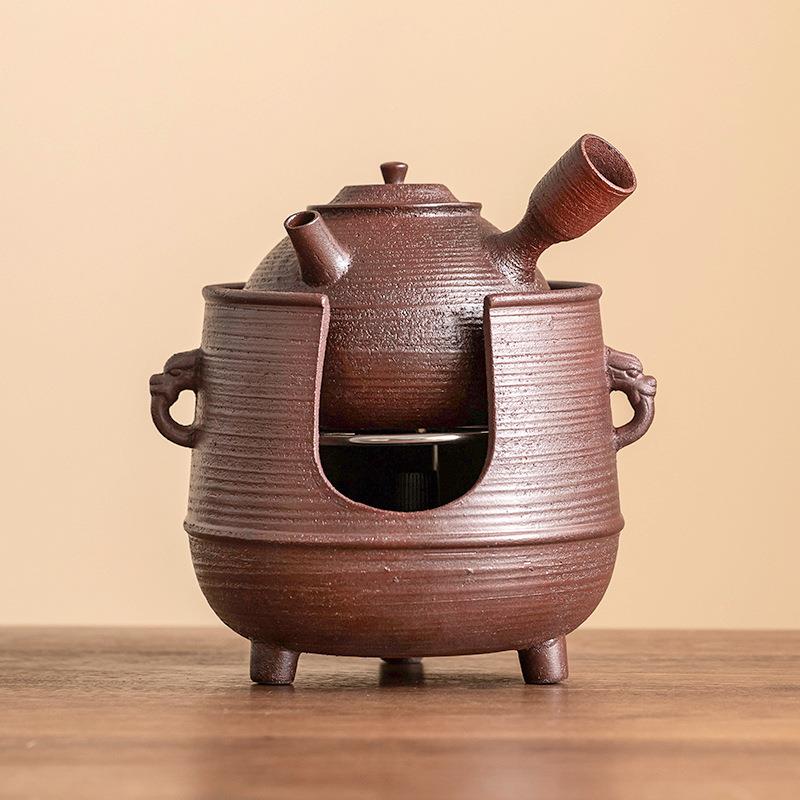 粗陶炉红加泥24JS12-1煮炉双耳三茶足温茶炉酒精蜡烛热煮茶器茶壶