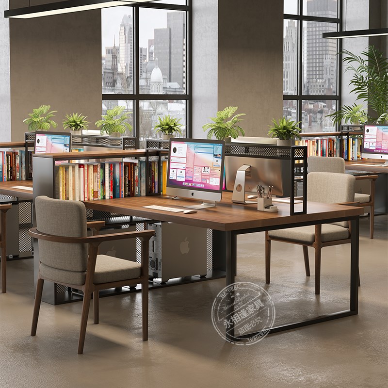 loft工业风屏风四人位t职员办公桌双人办公室台式电脑桌实木工作