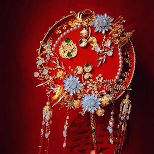 新款 合金团扇成品双面双圈i喜dy材料包新娘结婚龙凤捧秀禾LAY服扇