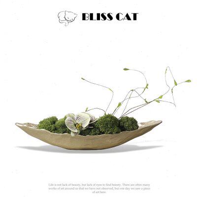 新中式侘寂风金属长条花瓶绿植花艺酒店客厅玄关长型摆件花器插花