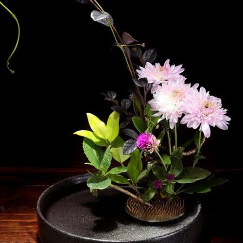 陶瓷圆盘水盘花器小原流插花花道禅意创意日式剑山插花盘花盆特大