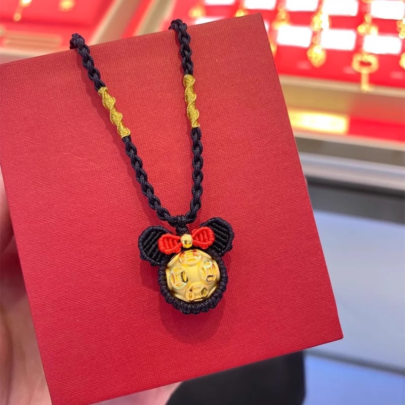 玖凤祥999足金包银项链女黄金金钱珠转运珠编织米奇项链好看百搭