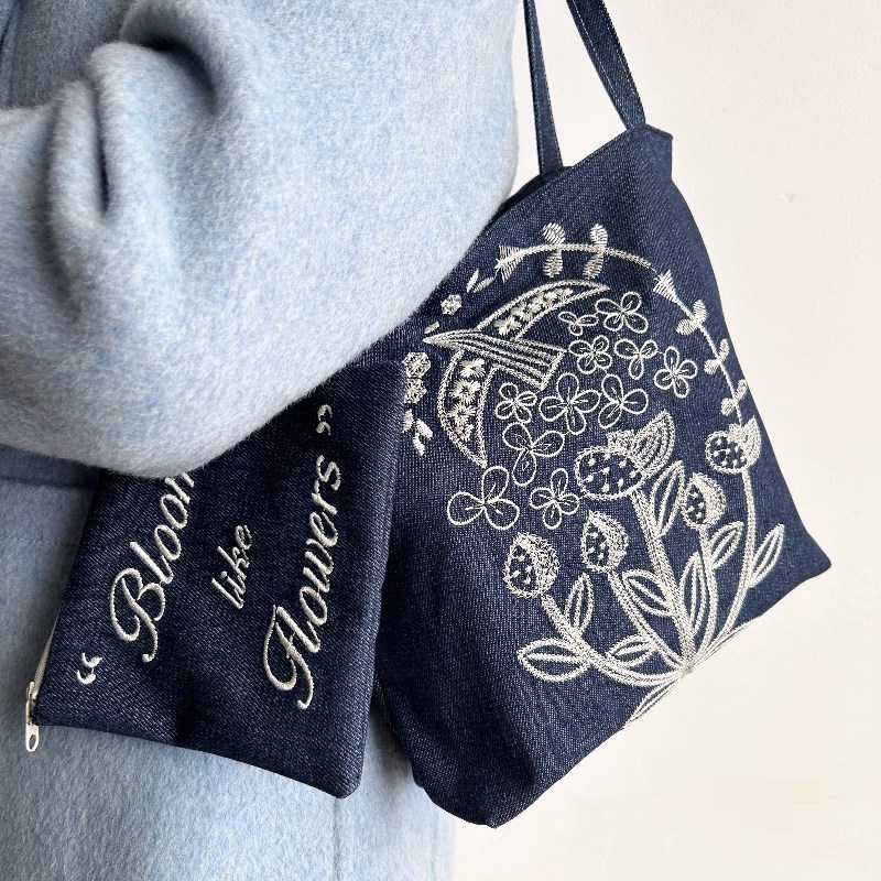 日系刺绣休闲大容量单肩手u提通勤上课韩系百搭简约清新中托特布