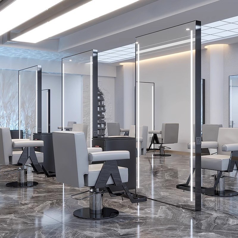 新款带灯理发g店镜台网红美发镜子发廊专用烫染剪发单面双面落地