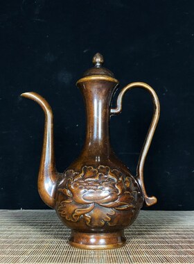 纯铜仿古酒壶浮雕牡丹酒壶高酒壶西域壶桌面摆件复Z古铜器收藏