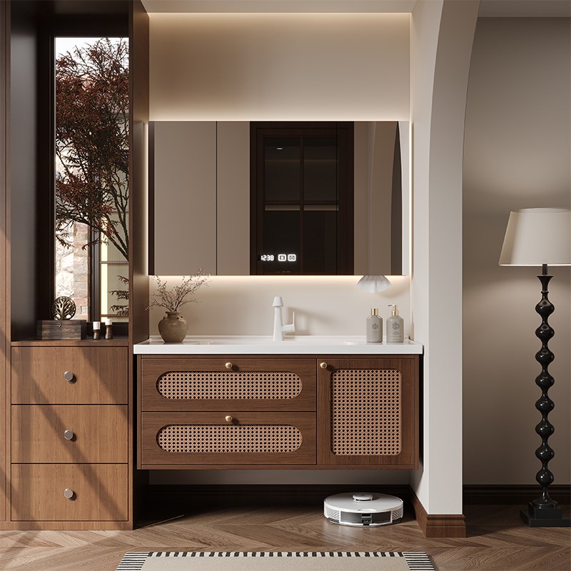 侘寂风复古藤编浴室柜组合一y体陶瓷盆卫生间洗脸洗漱台洗手盆组