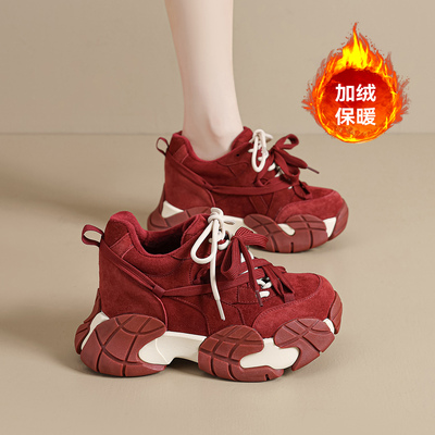 星期六红色鞋子女加绒保暖老爹鞋