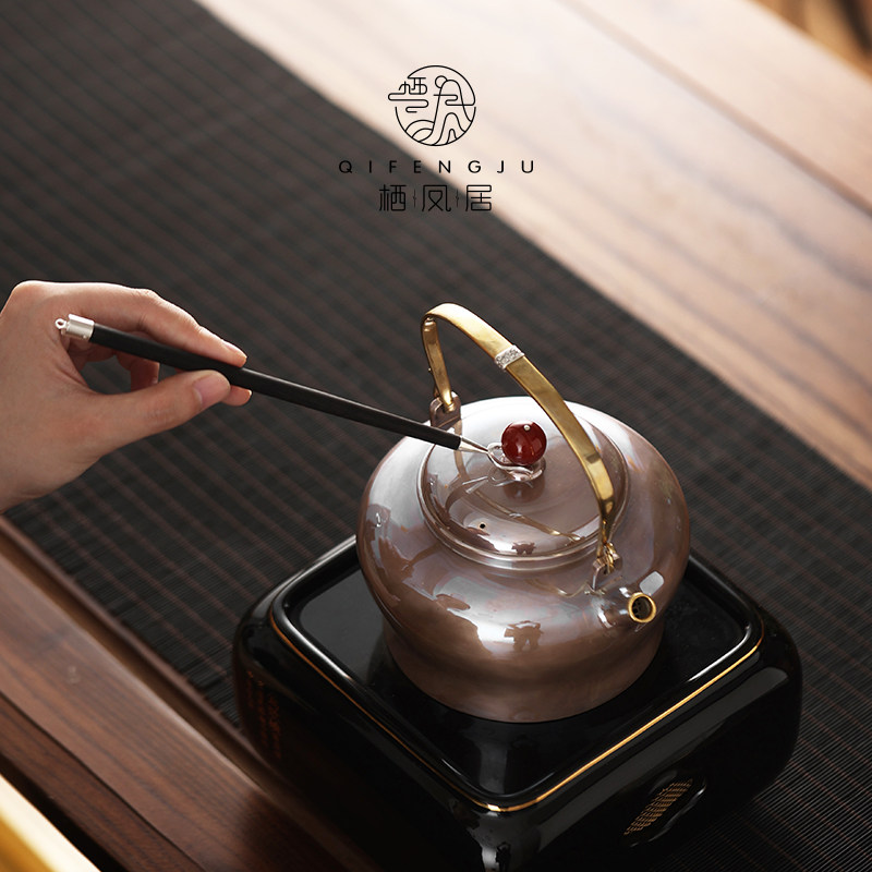 栖凤居银制黑檀木柄壶叉茶壶专用盖叉防烫隔热夹子银壶叉茶道配件