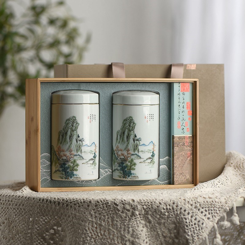 高档竹盒茶叶包装礼盒空盒陶瓷茶叶罐红茶绿茶白Q茶125克单罐定制