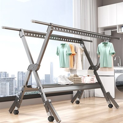 家用室内c外X型折叠晾衣架加粗加厚落地式晒衣架铝合金伸缩晾衣杆