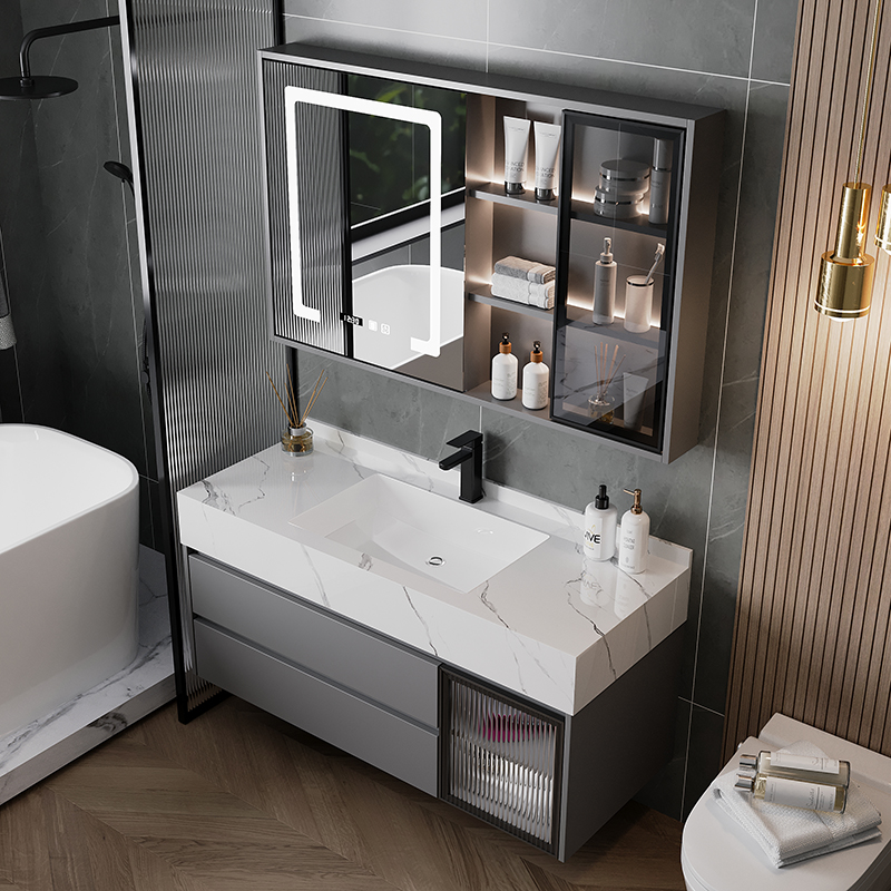 岩板陶瓷无缝一体盆浴室s柜组合轻奢简约洗手洗脸化妆室洗漱台面