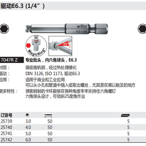 德国wiha威汉进口1/4带卡簧球头批头E6.3内六角批咀7047R Z防脱落