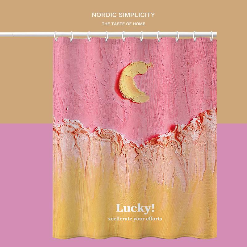 插画风景防水浴帘免打孔洗澡遮挡布卫生间厕所干湿分离不透人门帘