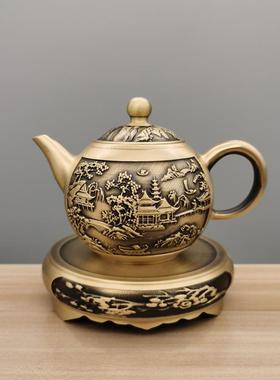 唐腾铜艺纯黄铜拉丝茶壶山水壶龙凤壶办公室 家居工艺品 茶壶摆件