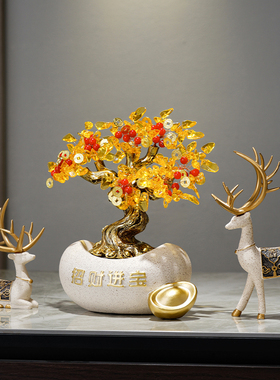新中式现代招财进宝n玄关酒柜电视柜客厅元宝发财树家居摆饰装饰