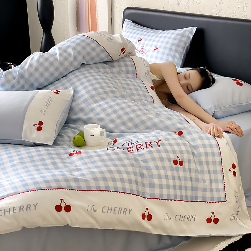 蜜尔小清新樱桃夏季1o00支天丝四件套裸睡公主风被套冰凉床上用品