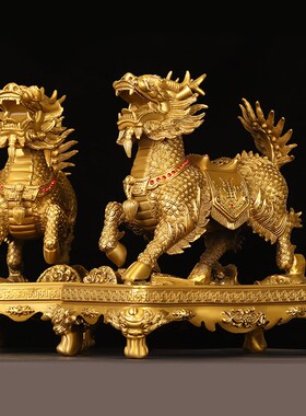麒麟摆件全铜公母一对大号八x宝麒麟家用门店桌面装饰品钻石火麒