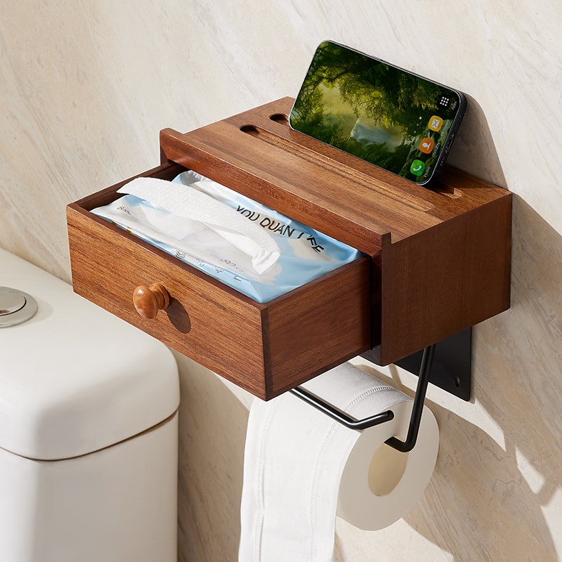卫生间纸巾盒壁挂式厕所卷纸架免C打孔抽纸盒实木抽屉置物架收纳