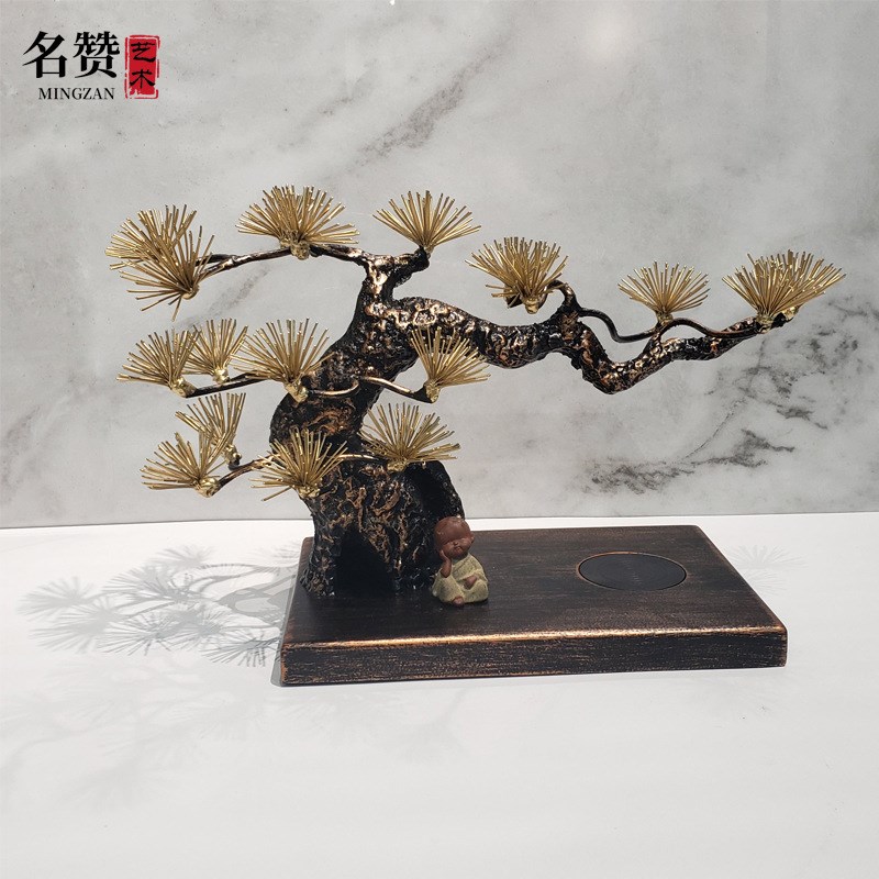 中式桌面迎客松摆件办公桌u工艺装饰品能量松铁艺创意开业送礼招