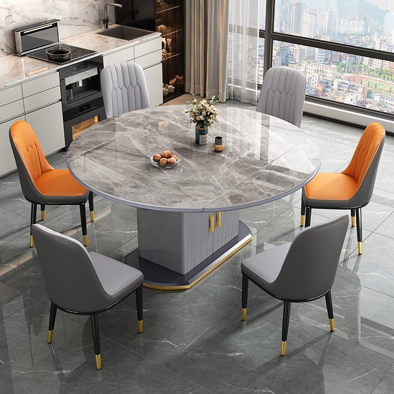 岩板餐桌轻奢简约现代家用2024新款小户型圆桌椅组合折叠伸缩饭桌