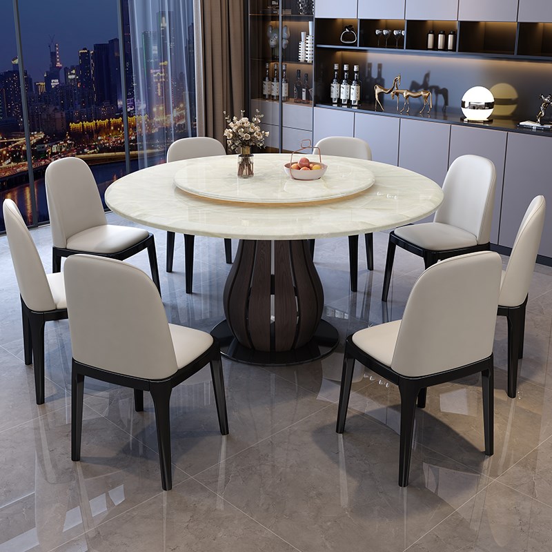 天然透光大理石餐桌新中式实木家用圆桌1.5m高端圆形吃饭桌子10人