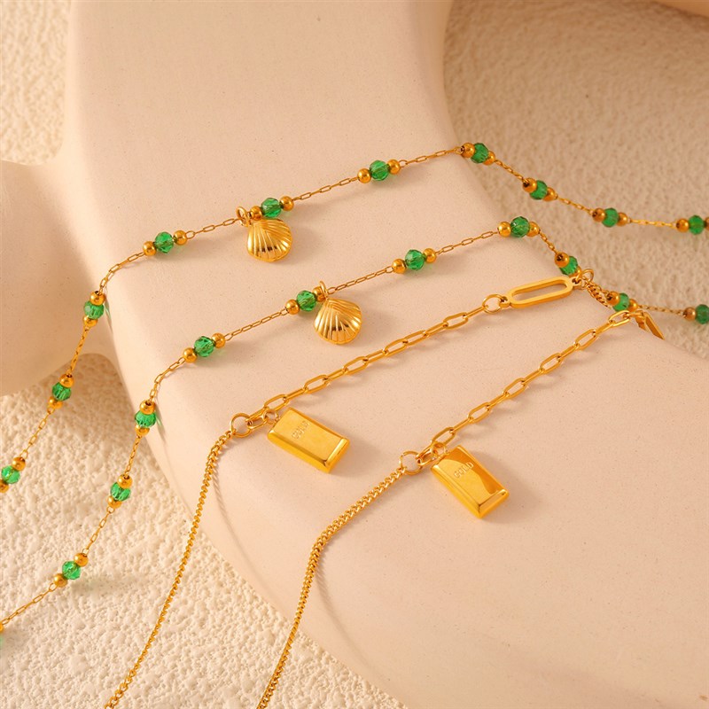 新中式国潮小众贝壳金砖吊坠绿珠C脚链女新款个性韩版钛钢镀金脚